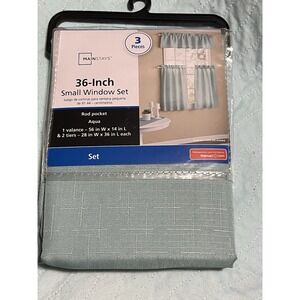 Small window 3pc set- Aqua- rod pocket valance 56"x 14"- 2 tiers 28" x 36" each